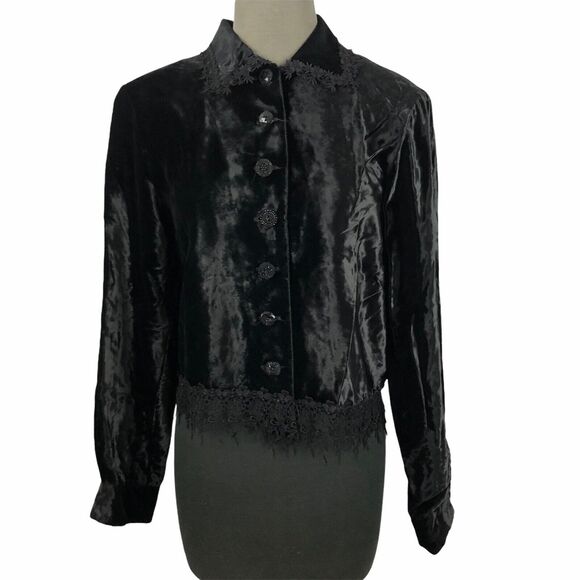 FL Malik Jacket & Skirt Set Black Velvet Size Medium Lace Trim - Picture 5 of 8